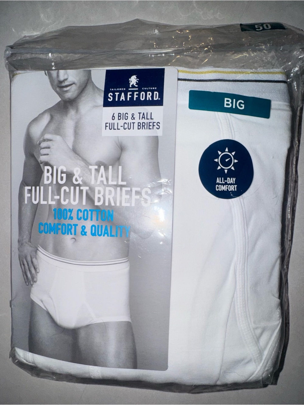 NEW Stafford Mens Big & Tall Full Cut Briefs 100% Cotton 6 Pairs New Size 50